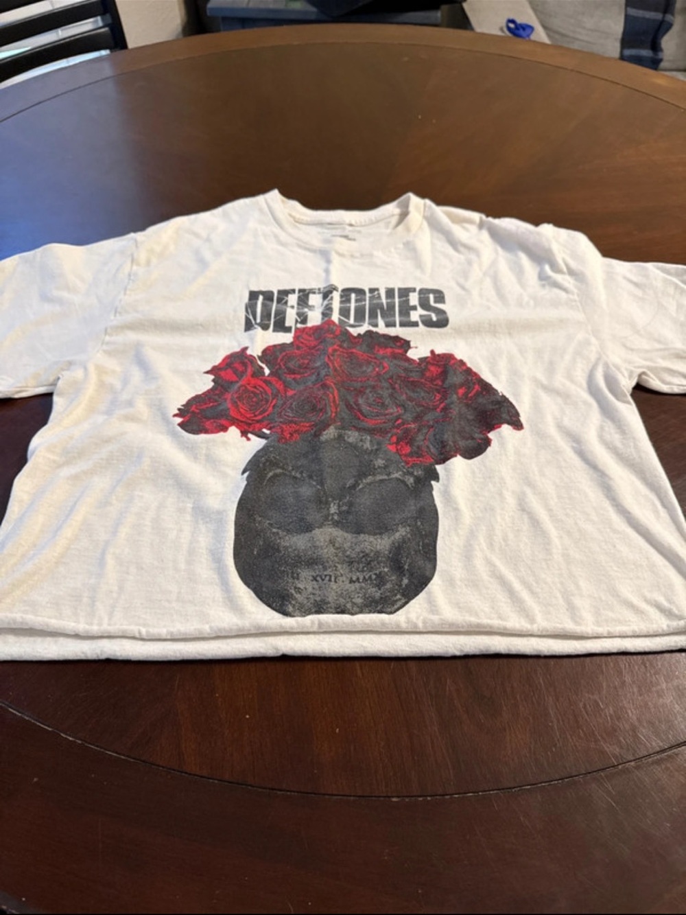 Deftones White Crop Tee with Red Rose Skull Graphic